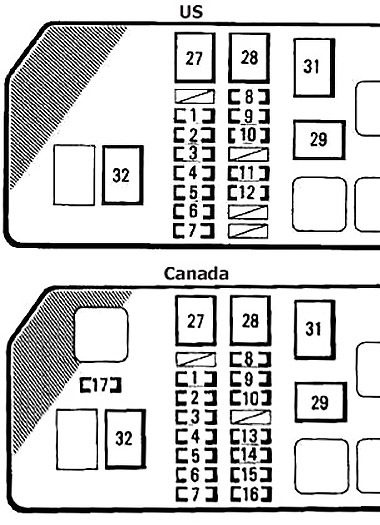 Toyota Tacoma (1995-1997) - skrzynka bezpieczników i przekaźników