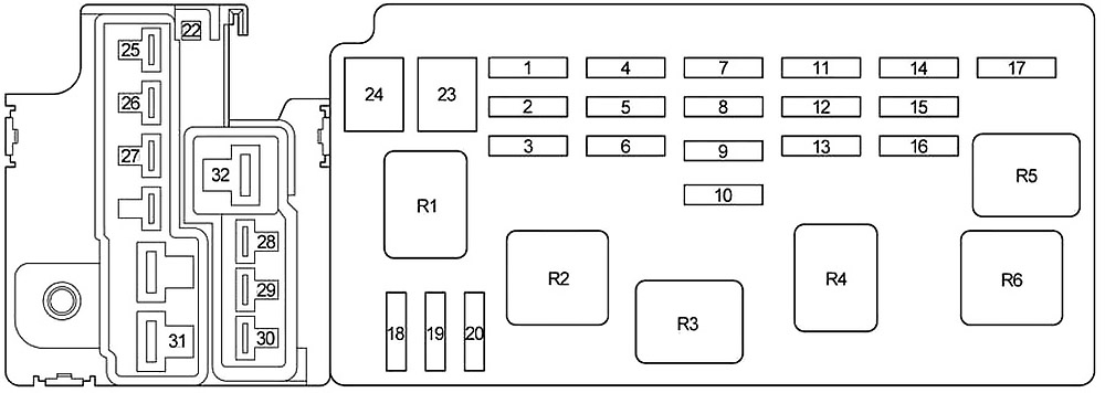 Toyota Tundra Double Cab (2004-2006) - skrzynka bezpieczników i przekaźników